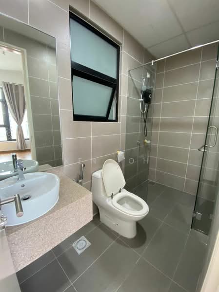 Bathroom features: grey tiled walls, light grey tiled flooring, single-sink vanity with stone countertop, round glass basin sink, chrome basin mixer faucet, one-piece toilet, walk-in shower with glass enclosure, rain shower head, wall-mounted shower heater, large mirror, window for natural light, curtains, towel rack; style: modern.