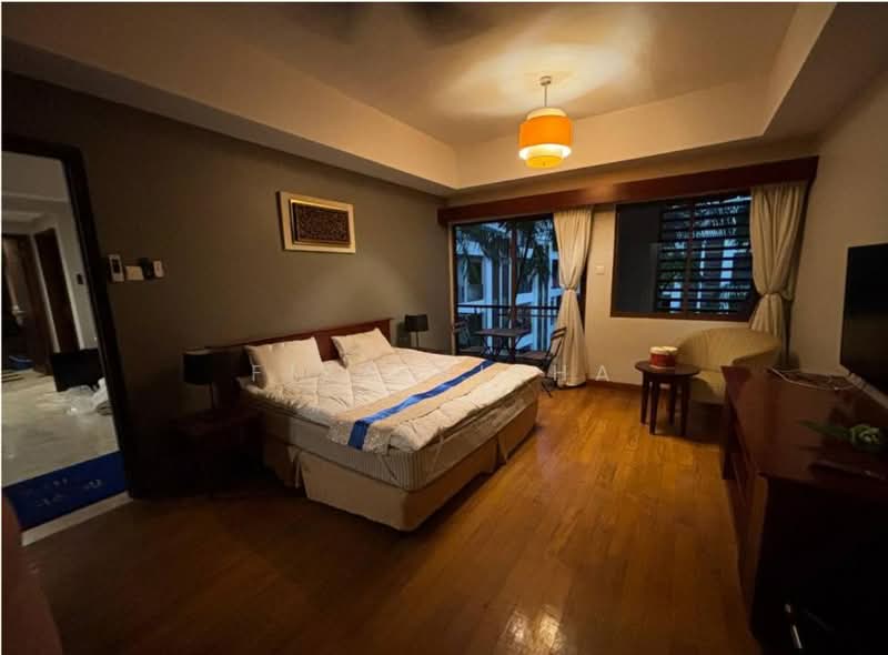 Bedroom features: king-size bed with white bedding and blue accent, wooden flooring, grey painted walls, ceiling light fixture, window with sheer curtains, armchair, wooden side table, wall-mounted TV, decorative artwork on wall, built-in wardrobe; style: modern; view: garden.