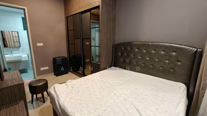 Bedroom features: king-size bed with upholstered headboard, white bedding, wooden bedside table, black stool, built-in wardrobe with sliding glass doors, grey painted walls, tile flooring, wall-mounted mirror, recessed lighting; style: modern.
