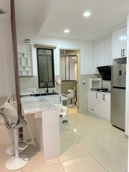 Kitchen features: white shaker cabinets, marble countertop, single-bowl stainless-steel sink, chrome pull-down faucet, built-in oven, stainless-steel fridge, ceramic tile flooring, recessed LED downlights, wall-mounted TV, open shelving, bar stool seating; style: modern. Room features: white painted walls, doorway leading to another room.