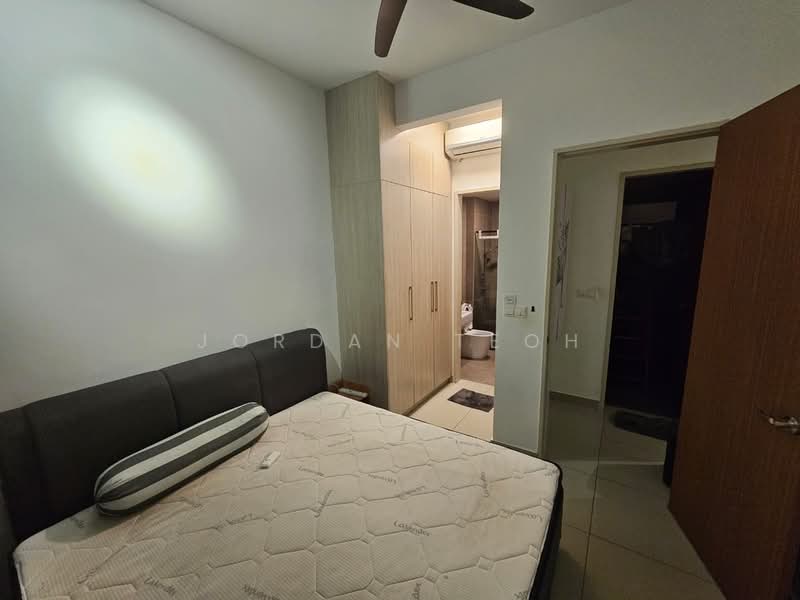 Bedroom features: queen-size bed, upholstered headboard, ceiling fan, built-in wardrobe, neutral wall colour, tile flooring, doorway leading to bathroom, light switch, window with no visible treatment; style: modern. Bathroom features: toilet, sink, mirror, tiled walls, shower area, light fixture.