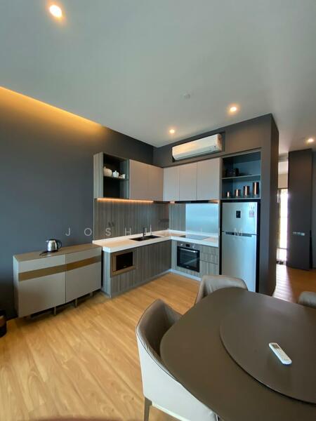 Kitchen features: white cabinetry, wooden countertop, built-in oven, stainless-steel fridge, stainless-steel sink, chrome pull-down faucet, induction cooktop, recessed LED downlights, open shelving, grey accent wall, laminate flooring, dining table with chairs; style: modern.