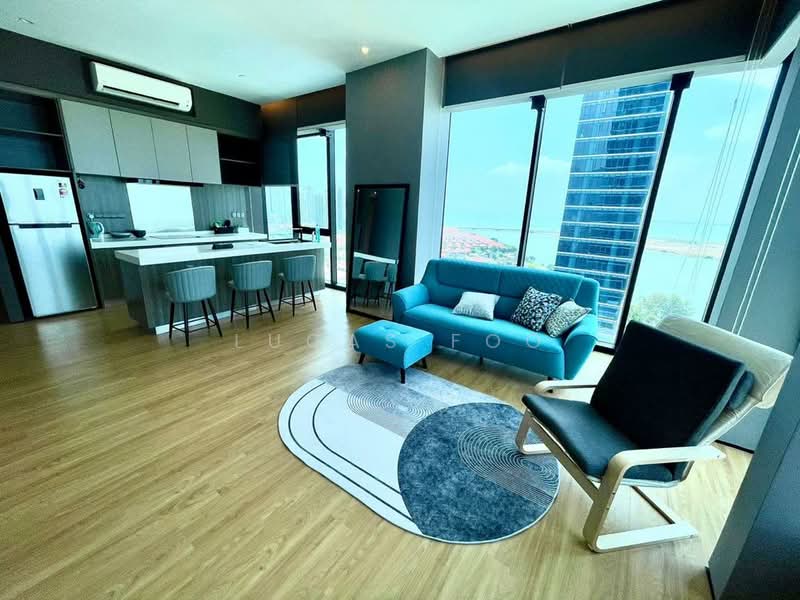 Living features: floor-to-ceiling windows, grey accent wall, light wood flooring, 3-seater fabric sofa in teal, area rug with geometric pattern, coffee table, black armchair, TV console, recessed downlights, open shelving, kitchen island with bar stools, stainless-steel fridge, built-in oven, microwave; style: modern; view: city. Kitchen features: white cabinetry, marble countertop, stainless-steel appliances, kitchen island, open shelving; style: modern; view: city.