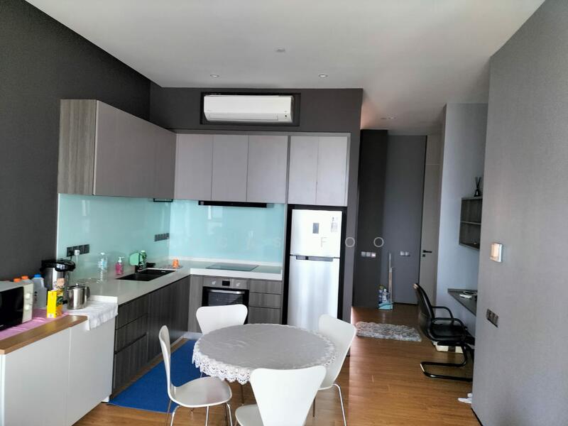 Kitchen features: grey cabinetry, white countertop, glass backsplash, stainless-steel fridge, built-in oven, 4-burner gas hob, single-bowl stainless-steel sink, chrome pull-down faucet, microwave, kettle, 2-seater dining table, white dining chairs, wooden flooring, wall-mounted split AC; style: modern. Living features: study desk, wall-mounted shelving, wooden flooring; style: modern.