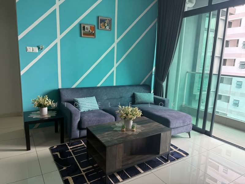 Living features: blue accent wall with diagonal white stripes, grey fabric sectional sofa, black coffee table, area rug with geometric pattern, floor-to-ceiling windows, curtains, decorative plants in ceramic pots, framed artwork on wall; style: modern; view: city.