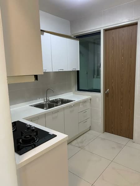 Kitchen features: white cabinetry, double-bowl stainless-steel sink, chrome pull-down faucet, gas cooktop with 4 burners, white countertop, tile backsplash, ceramic tile flooring, window with view to outside, wooden door, built-in cabinets, under-cabinet lighting; style: modern.