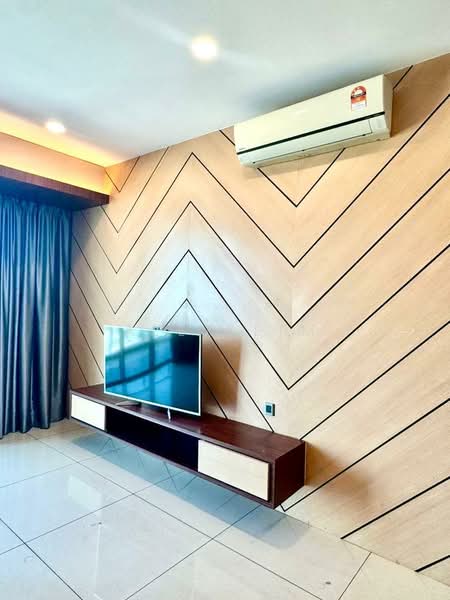 Living features: chevron-patterned accent wall, light wood paneling, white glossy tile flooring, wall-mounted TV, dark wood TV console with storage, floor-to-ceiling curtains, air conditioning unit, recessed ceiling lights; style: modern.