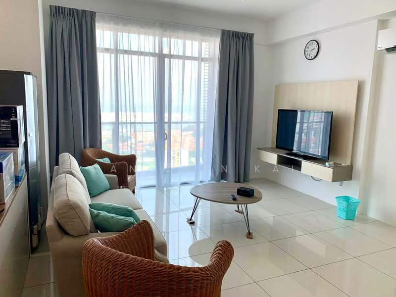 Living features: white painted walls, glossy white tile flooring, floor-to-ceiling windows, grey curtains, light grey sofa with cushions, rattan armchairs, coffee table with round top, wall-mounted TV, TV console, wall clock, air conditioning unit; style: modern; view: city.