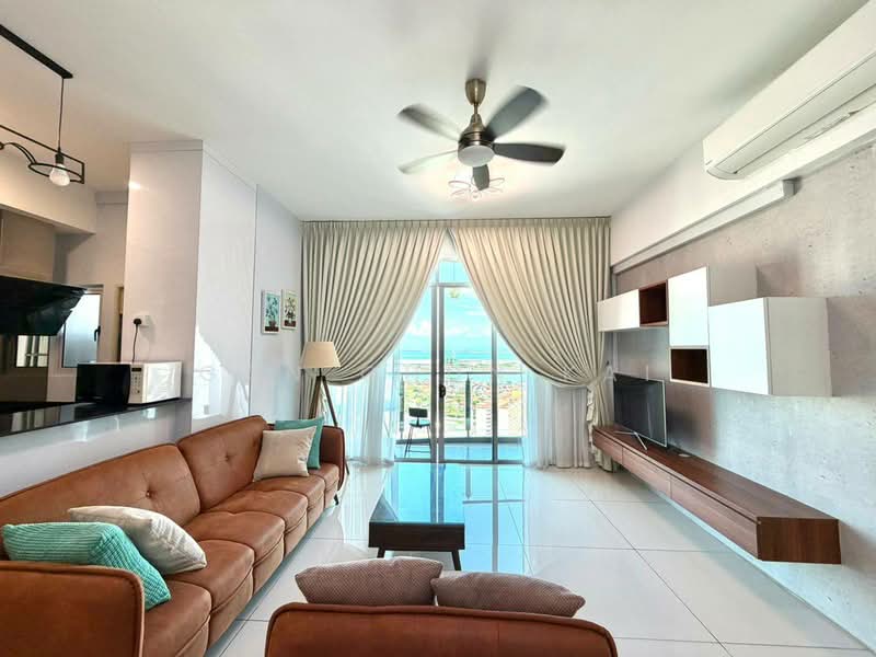 Living features: 3-seater brown leather sofa, 2-seater fabric sofa in beige, coffee table, wall-mounted TV, floating TV console, floor-to-ceiling windows, sheer curtains, 5-blade ceiling fan with light, recessed downlights, white painted walls, polished tile flooring, air conditioning unit; style: modern; view: city.