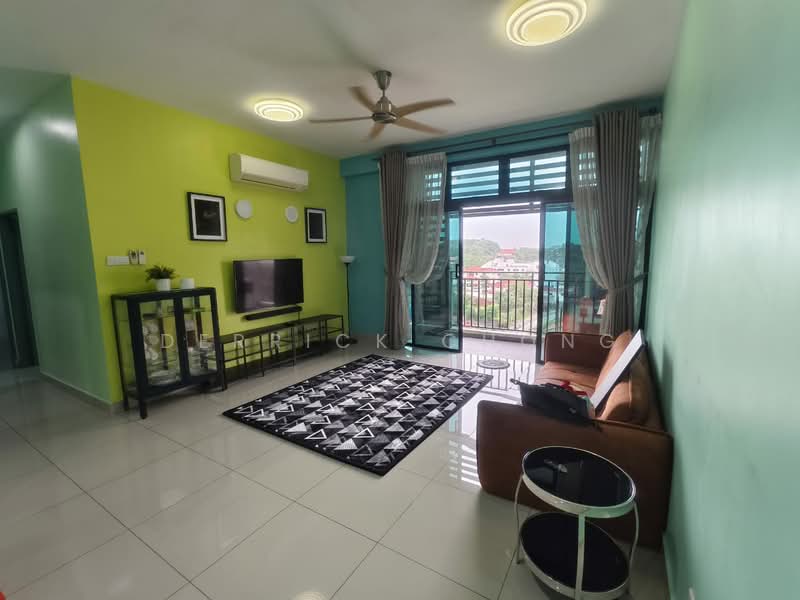 Living features: green painted walls, white ceiling, recessed downlights, 5-blade ceiling fan, large floor-to-ceiling windows, sliding glass door, black and white area rug, brown leather sofa, TV console, wall-mounted TV, decorative wall art, curtains, coffee table, open balcony view; style: modern; view: city.
