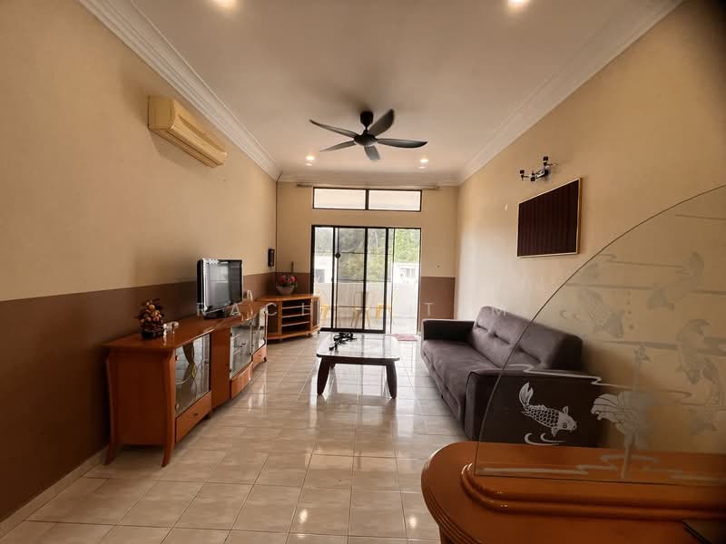 Living features: cream painted walls, brown accent wall, white tiled flooring, 5-blade ceiling fan with light, wall-mounted TV, wooden TV console, coffee table, 2-seater fabric sofa in grey, large sliding glass door, window with sheer curtains, decorative wall panel, air conditioning unit; style: modern.