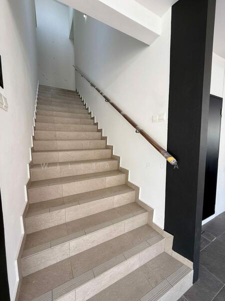 Room features: staircase with tiled steps, handrail, white painted walls, black accent wall, natural light from upper windows, neutral tile flooring; style: modern.