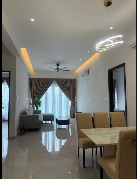 Living features: sofa in grey fabric, coffee table, floor-to-ceiling windows, sheer curtains, 5-blade ceiling fan with light, recessed LED downlights, marble tile flooring, decorative plant in ceramic pot, area rug, wall-mounted air conditioning unit, dining table with beige upholstered chairs; style: modern.