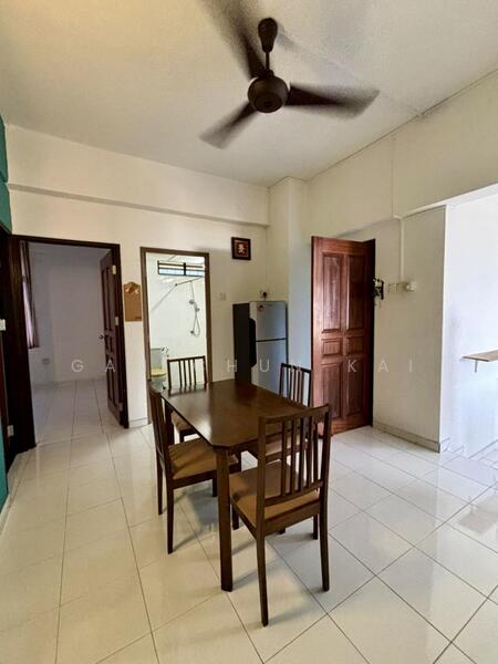 Dining features: dining table with four chairs, white tiled flooring, ceiling fan, wooden door, green accent wall, white walls, refrigerator, open layout to adjacent room; style: modern.