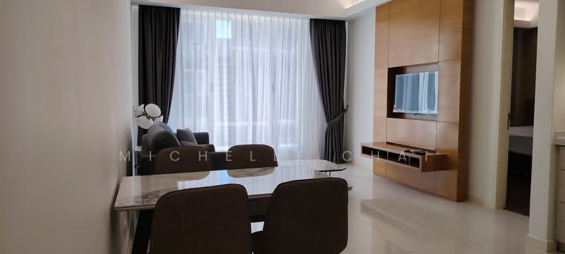 Living features: grey fabric sofa, marble coffee table, TV mounted on wooden feature wall, floor-to-ceiling windows, sheer curtains, dark curtains, light-colored walls, polished tile flooring; style: modern. Dining features: glass dining table, 4 upholstered dining chairs, decorative wall panel, light fixture above table; style: modern.
