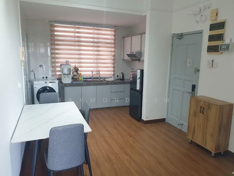 Kitchen features: marble countertop, stainless-steel sink, chrome pull-down faucet, built-in oven, freestanding range oven, stainless-steel fridge, white cabinetry, window with blinds, washing machine, wooden flooring, dining table with 2 chairs; style: modern.