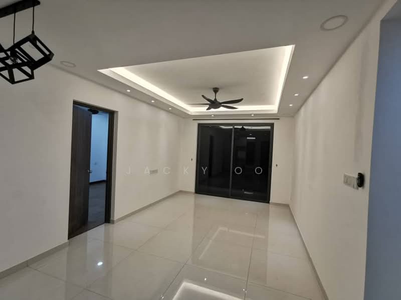 Room features: white painted walls, polished ceramic tile flooring, tray ceiling with recessed lighting, 5-blade ceiling fan, sliding glass door, floor-to-ceiling windows, LED strip lighting, wall-mounted intercom panel; style: modern.