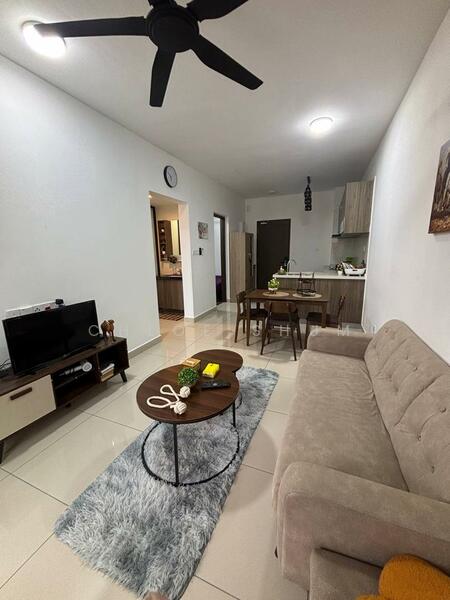 Living features: 3-seater fabric sofa in beige, round coffee table with black metal legs, area rug with geometric pattern, wall-mounted TV, TV console with storage, ceiling fan with light, recessed downlights, decorative wall art, white painted walls, glossy tile flooring; style: modern. Dining features: 4-seater dining table, wooden dining chairs, open shelving unit, kitchen area visible in background; style: modern.