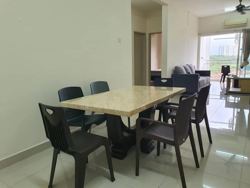 Dining features: marble dining table, 6 dining chairs in black and brown, white painted walls, glossy tile flooring, ceiling fan, floor-to-ceiling window, view of city skyline, natural light from window; style: modern; view: city. Living features: sofa in grey fabric, coffee table, TV console, area rug, natural light from window; style: modern; view: city.