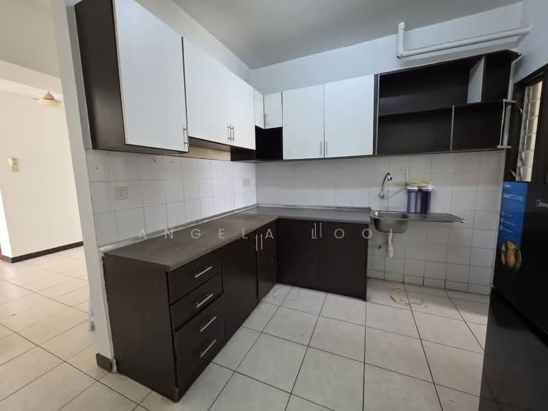 Kitchen features: white upper cabinets, brown lower cabinets, grey countertop, stainless-steel sink, single-bowl sink, wall-mounted faucet, tile backsplash, ceramic tile flooring, open shelving, built-in cabinets, window, light fixture; style: modern.