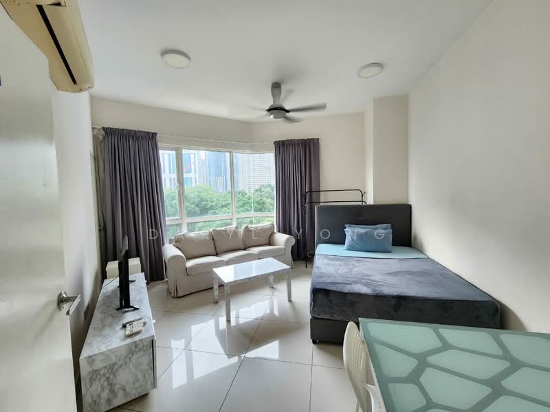 Living features: floor-to-ceiling windows, grey fabric sofa, white coffee table, marble coffee table base, single bed with grey bedding, ceiling fan, light-colored walls, tile flooring, curtains, TV on stand; style: modern; view: garden.
