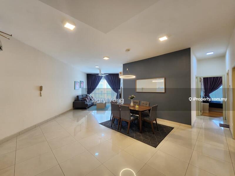 Living features: white painted walls, grey accent wall, marble tile flooring, 5-blade ceiling fan with light, dining table with 4 chairs, area rug, floor-to-ceiling windows with sheer curtains, sliding glass door leading to balcony; style: modern; view: city.