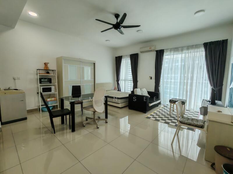 Living features: white painted walls, glossy tile flooring, 5-blade ceiling fan with light, floor-to-ceiling windows, sheer curtains, blackout curtains, sofa in light color, coffee table, dining table with 4 chairs, microwave, mini fridge, decorative rug with geometric pattern, TV console, area rug; style: modern.
