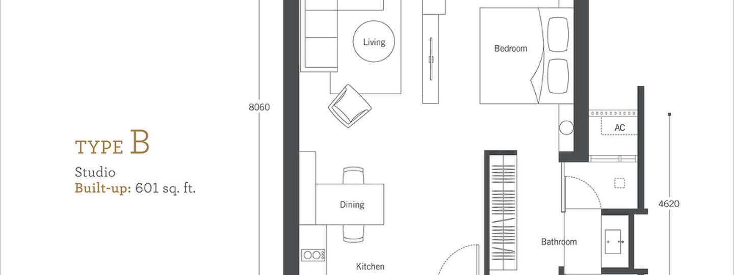 Floor plan: 1-bedroom 1-bathroom unit; features: open-plan kitchen-dining-living, master bedroom with ensuite bathroom, utility room, central foyer, 1 car porch, 601 sqft built-up.