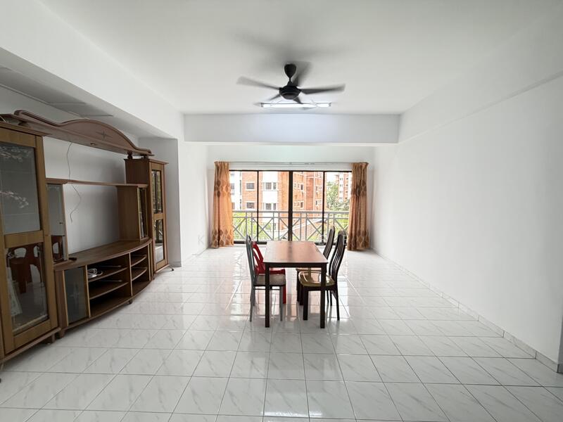 Dining features: white painted walls, glossy white tile flooring, 5-blade ceiling fan with light, dining table with chairs, large sliding glass door, curtains, built-in wooden cabinet, natural light from windows; style: modern; view: garden.