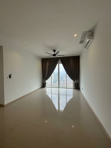 Living features: white painted walls, polished ceramic tile flooring, 5-blade ceiling fan with light, floor-to-ceiling windows, sheer curtains, sliding glass door, recessed downlights, air conditioning unit; style: modern; view: city.