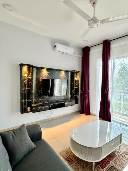Living features: grey fabric sofa, marble coffee table, wall-mounted TV, black marble feature wall, white painted walls, large sliding glass door, red curtains, ceiling fan, tile flooring, decorative area rug; style: modern; view: garden.