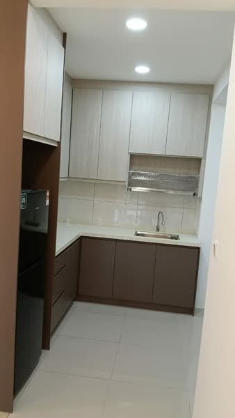 Kitchen features: white tiled walls, light grey cabinetry, dark brown lower cabinets, stainless-steel sink, chrome pull-down faucet, built-in oven, fridge, ceramic tile flooring, recessed downlights, open shelving, countertop with backsplash; style: modern.