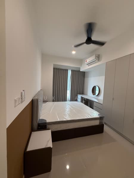 Bedroom features: queen-size bed with mattress protector, built-in wardrobe with sliding doors, study desk, round mirror, 5-blade ceiling fan, floor-to-ceiling window with sheer curtains, white painted walls, glossy tile flooring, recessed downlights; style: modern.