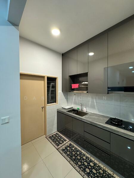 Kitchen features: grey high-gloss cabinetry, marble countertop, single-bowl stainless-steel sink, chrome pull-down faucet, built-in gas hob, built-in oven, white tiled backsplash, recessed downlights, ceramic tile flooring, decorative rug, window with security bars, door leading to utility area; style: modern.