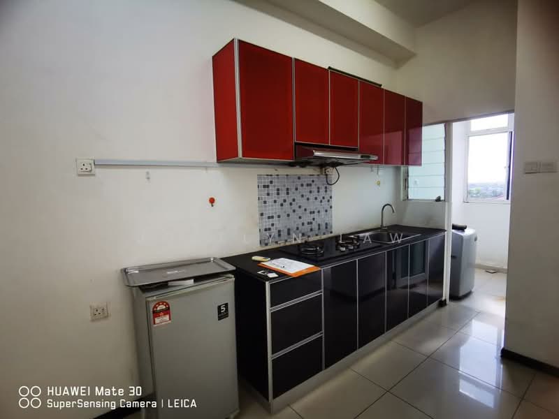 Kitchen features: red upper cabinets, black lower cabinets, black countertop, stainless-steel sink, chrome pull-down faucet, 4-burner gas hob, built-in range hood, mosaic tile backsplash, fridge, window with city view, ceramic tile flooring, wall-mounted storage, light fixture; style: modern; view: city.