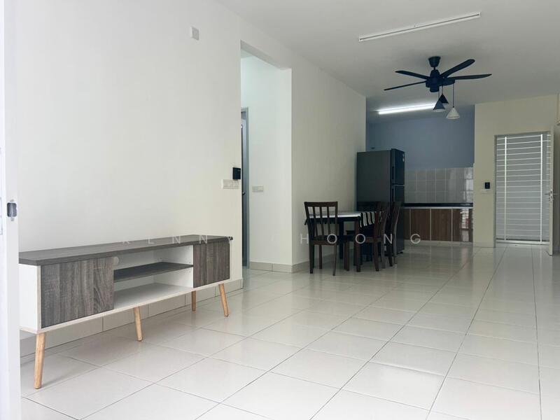 Living features: white painted walls, glossy tile flooring, 5-blade ceiling fan with light, wall-mounted TV console, dining table with chairs, open layout to kitchen, refrigerator visible in background, kitchen cabinetry in brown, light fixture on ceiling; style: modern.
