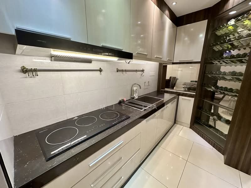 Kitchen features: white glossy cabinetry, black granite countertop, built-in induction cooktop, stainless-steel sink, chrome pull-down faucet, tile backsplash, under-cabinet lighting, wine storage rack, recessed downlights, ceramic tile flooring; style: modern.