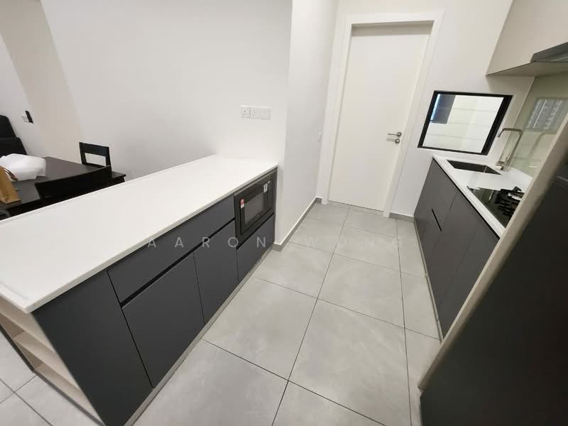 Kitchen features: grey cabinetry, white countertop, built-in oven, stainless-steel gas hob, single-bowl stainless-steel sink, chrome pull-down faucet, tile flooring, wall-mounted cabinets, open shelving, recessed downlights; style: modern.