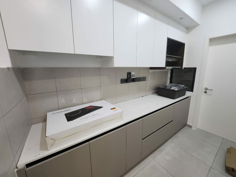 Kitchen features: white flat-panel upper cabinets, grey flat-panel lower cabinets, white countertop, ceramic tile flooring, wall-mounted electrical outlets, built-in oven space, open shelving, neutral wall tiles, under-cabinet lighting; style: modern.