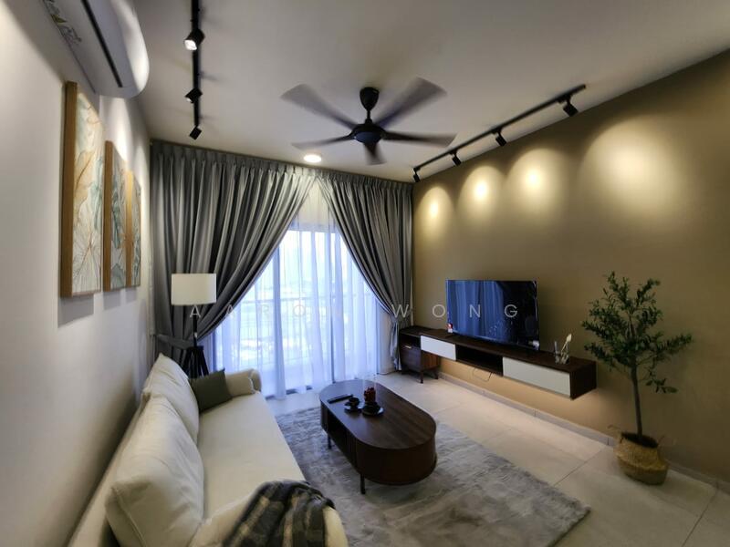 Living features: 3-seater fabric sofa in white, coffee table with rounded edges, wall-mounted TV, TV console with storage, floor-to-ceiling windows, sheer curtains, dark grey accent wall, recessed LED downlights, 5-blade ceiling fan with light, decorative plant in pot, area rug, track lighting; style: modern.