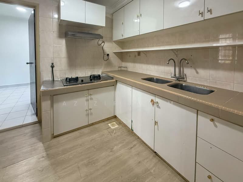 Kitchen features: white cabinetry, laminate countertop, double-bowl stainless-steel sink, chrome pull-down faucet, built-in gas stove with two burners, exhaust hood, cream tiled backsplash, light-colored tile flooring, wall-mounted storage shelves, under-cabinet lighting; style: modern.