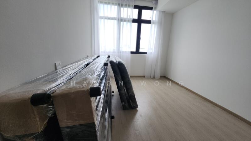 Room features: light wood laminate flooring, white painted walls, large window with sheer curtains, unpacked furniture wrapped in plastic, corner room with natural light; style: modern; view: city.