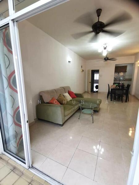 Living features: 3-seater fabric sofa in light beige, red accent cushions, coffee table, ceiling fan, wall-mounted light fixture, tile flooring, white painted walls, open layout to dining area; style: modern.