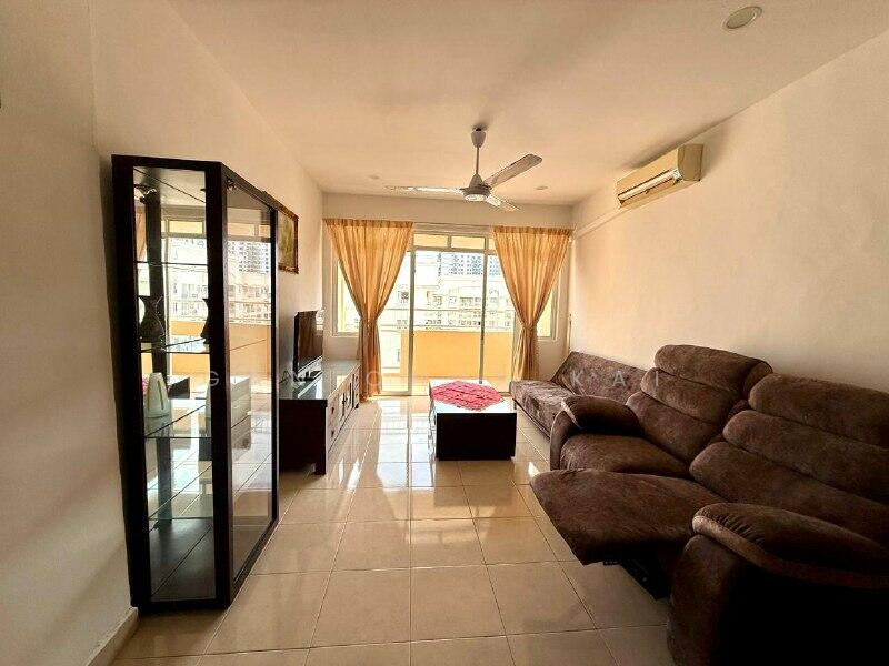 Living features: brown fabric sectional sofa, coffee table, TV console, wall-mounted TV, floor-to-ceiling windows, sheer curtains, ceiling fan, air conditioning unit, glossy tile flooring, decorative wall, light-colored walls, area rug; style: modern; view: city.