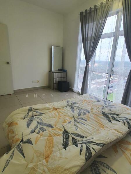 Bedroom features: queen-size bed with floral bedding, floor-to-ceiling windows, sheer curtains, grey curtains, mirror on stand, tiled flooring, wall-mounted speaker, view of city skyline; style: modern; view: city.