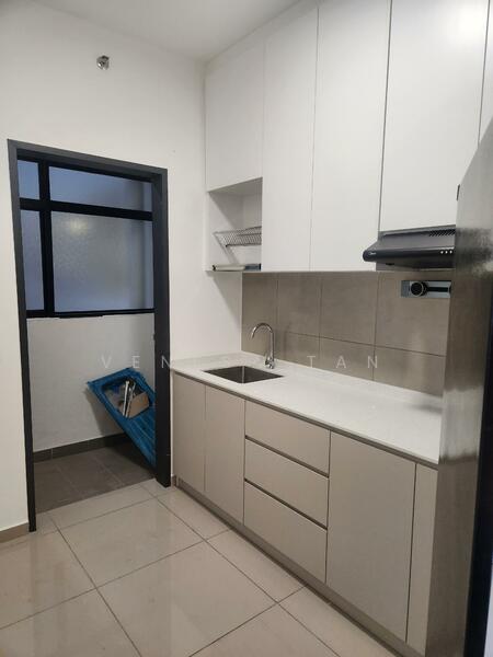 Kitchen features: white cabinetry with flat-panel doors, grey countertop, single-bowl stainless-steel sink, chrome pull-down faucet, built-in oven, stainless-steel range hood, ceramic tile flooring, wall-mounted shelving, window with frosted glass, light fixture, space for refrigerator; style: modern.