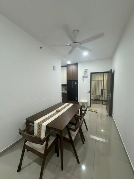 Dining features: rectangular wooden dining table, 6 upholstered dining chairs, white painted walls, grey tiled flooring, 5-blade ceiling fan, recessed downlights, open layout to kitchen, decorative table runner; style: modern. Room features: kitchen cabinetry visible, black refrigerator, air conditioning unit on wall, door leading to hallway.
