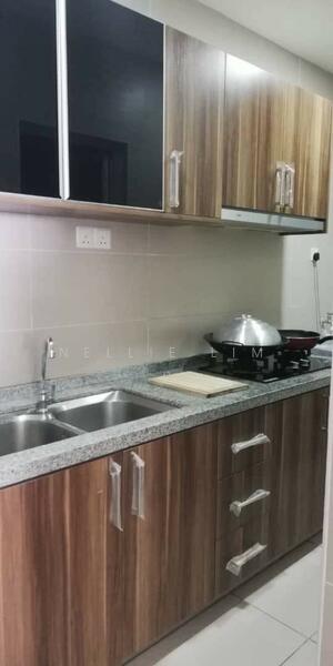 Kitchen features: double-bowl stainless-steel sink, chrome pull-down faucet, granite countertop, wood cabinetry with a wood finish, built-in range hood, stainless-steel gas stove, ceramic tile flooring, wall-mounted electrical outlets, grey tiled backsplash; style: modern.