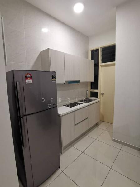Kitchen features: light grey cabinetry, double-bowl stainless-steel sink, chrome pull-down faucet, stainless-steel fridge, white tiled backsplash, white walls, recessed downlights, ceramic tile flooring, window with grille, countertop with storage below; style: modern.