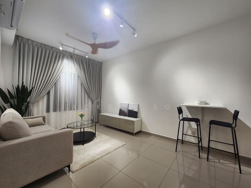 Living features: cream fabric sofa, glass coffee table, white console table, black bar stools, recessed downlights, 5-blade ceiling fan, floor-to-ceiling windows with sheer curtains, grey tiled flooring, decorative plant, area rug; style: modern.